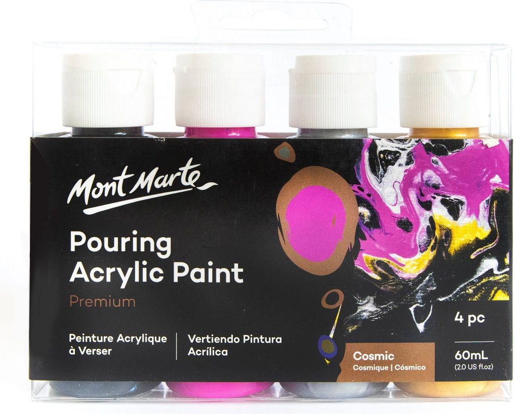 Mont Marte Bastelfarbe PREMIUM Pouring Acrylfarbe, Gieß-Acryl, je 4 x 60 ml, Farbe Cosmic, Untereinander vermischbar & bereits mit Medium vorgemischt