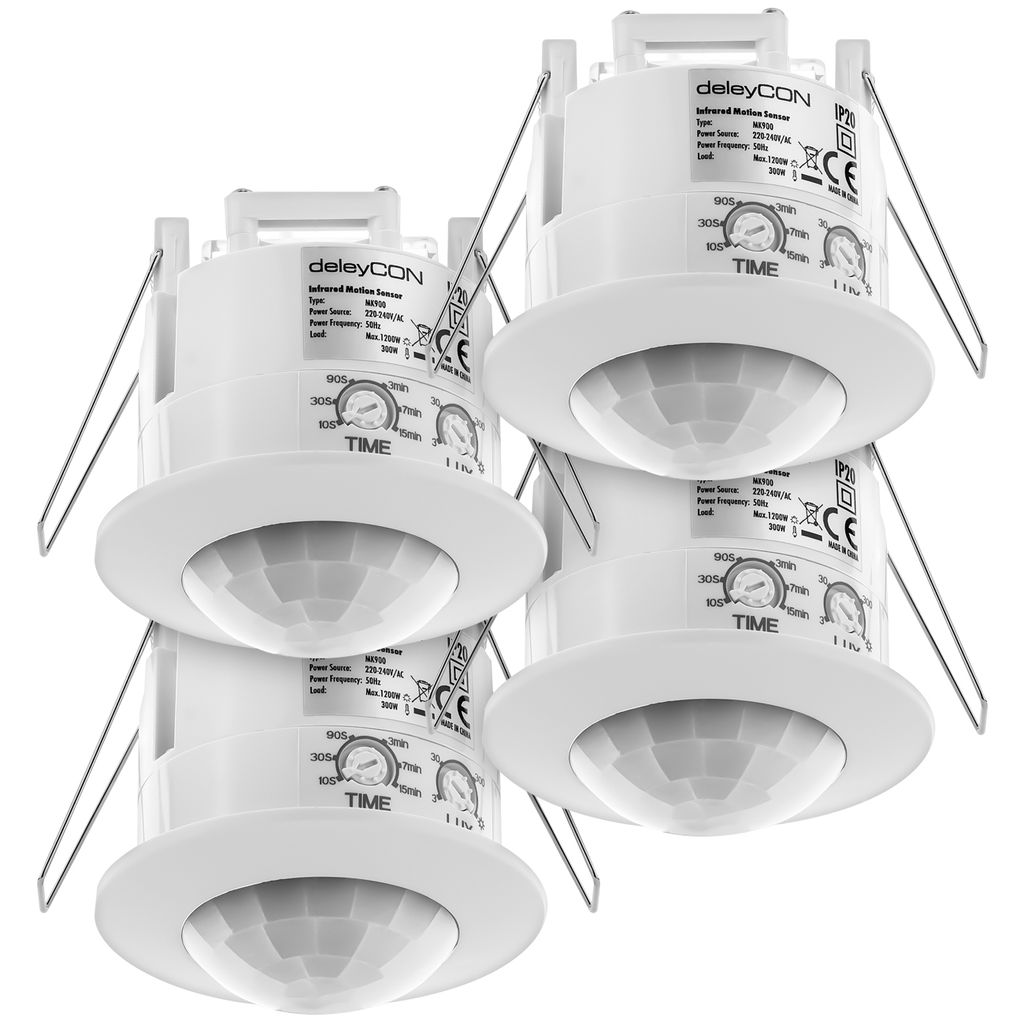 deleyCON 4x Infrarot Bewegungsmelder Unterputz Deckenmontage Innenbereich Lichtsteuerung 360° Arbeitsfeld 6m Reichweite eingebauter Lichtsensor