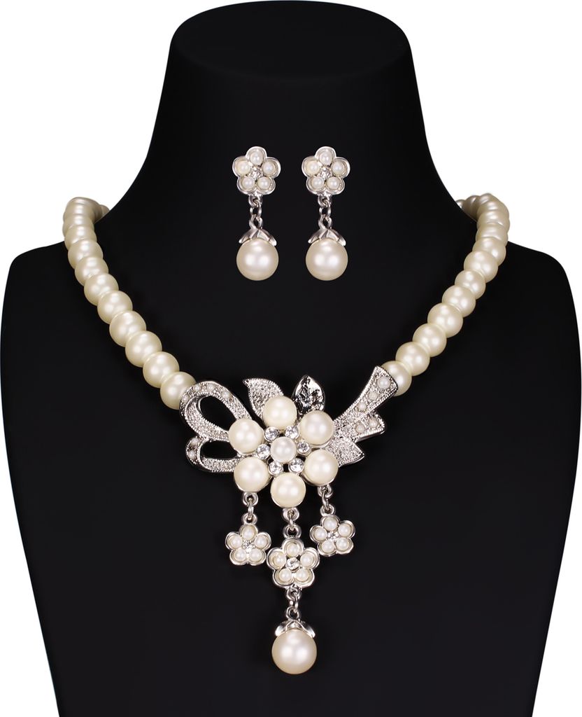 Brautschmuck Schmuckset Perlen Collier Kette Ohrringe Kristall Blume Blüte Hochzeit