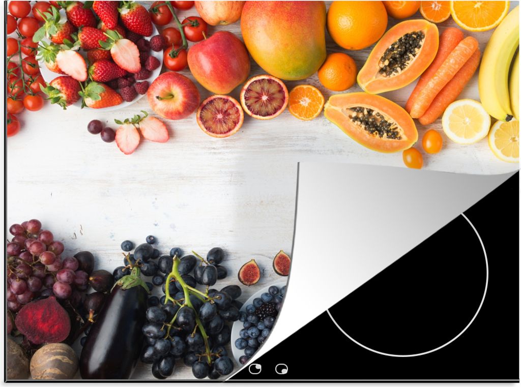KitchenYeah Herdabdeckplatte Obst - Regenbogen - Erdbeere - Weintrauben - Papaya , 60x52cm, Küche Deko, Glaskeramikfeld Herdabdeckung, Abdeckpla...