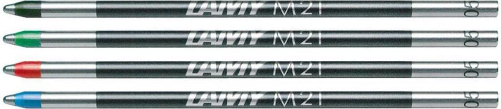 Four Lamy M21 ballpoint pen refills in different colors are lined up horizontally against a white background.