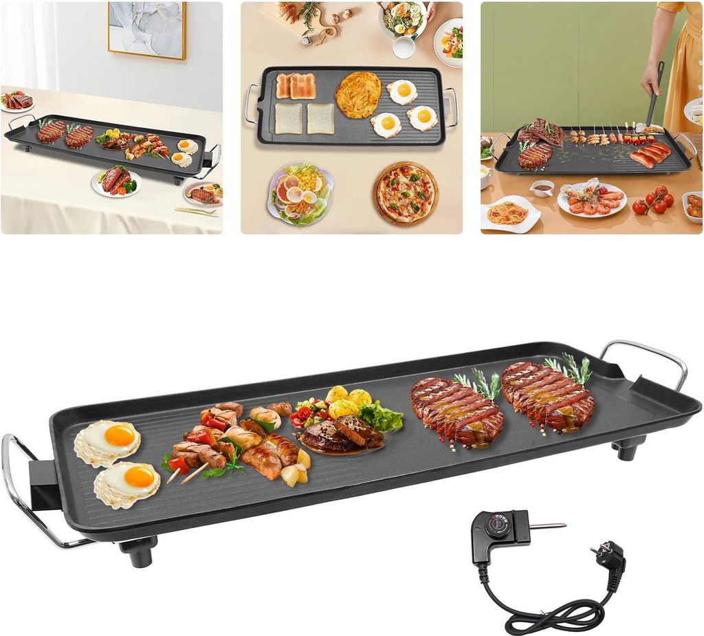 Elektrischer BBQ-Grill - Tischgrill - 1500 W - Antihaftbeschichtung - Temperatur 0–250°C (5 Stufen) - 68×28×7 cm - Für 3–5 Personen - Schwarz