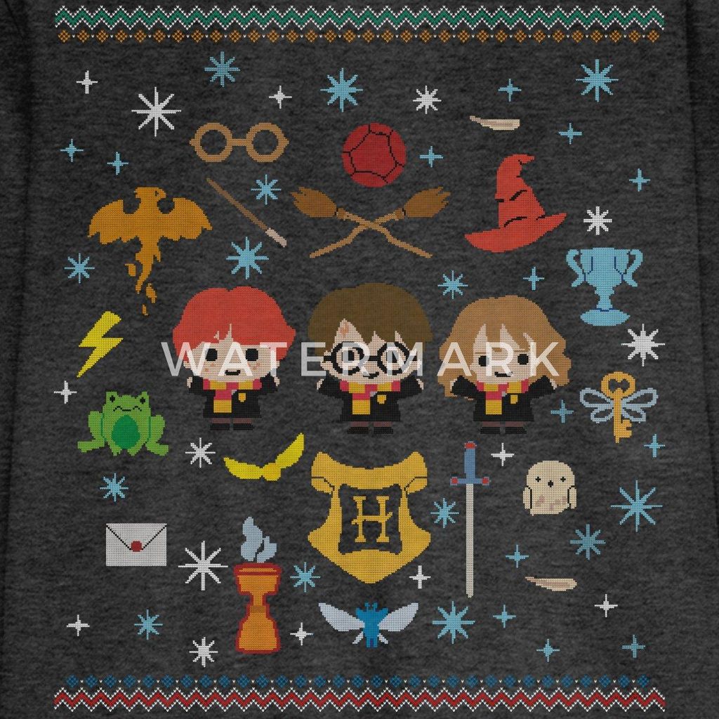 Spreadshirt Harry Potter Ugly Christmas Chibi Design Teenager Premium Langarmshirt, 158/164 (12 Jahre), Anthrazit meliert