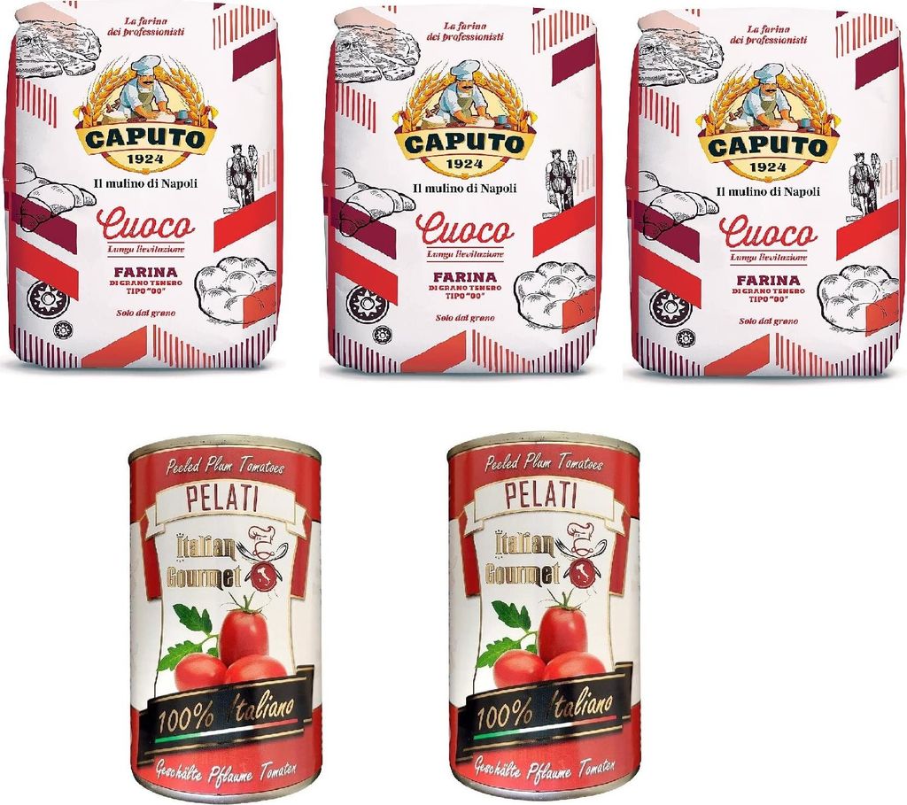 3x Farina Molino Caputo Cuoco Pizzamehl Pizza Mehl 1kg + 2x Italian Gourmet Pomodori 100% italienisch Pelati Ganze Geschälte Pflaume Tomaten sauce...
