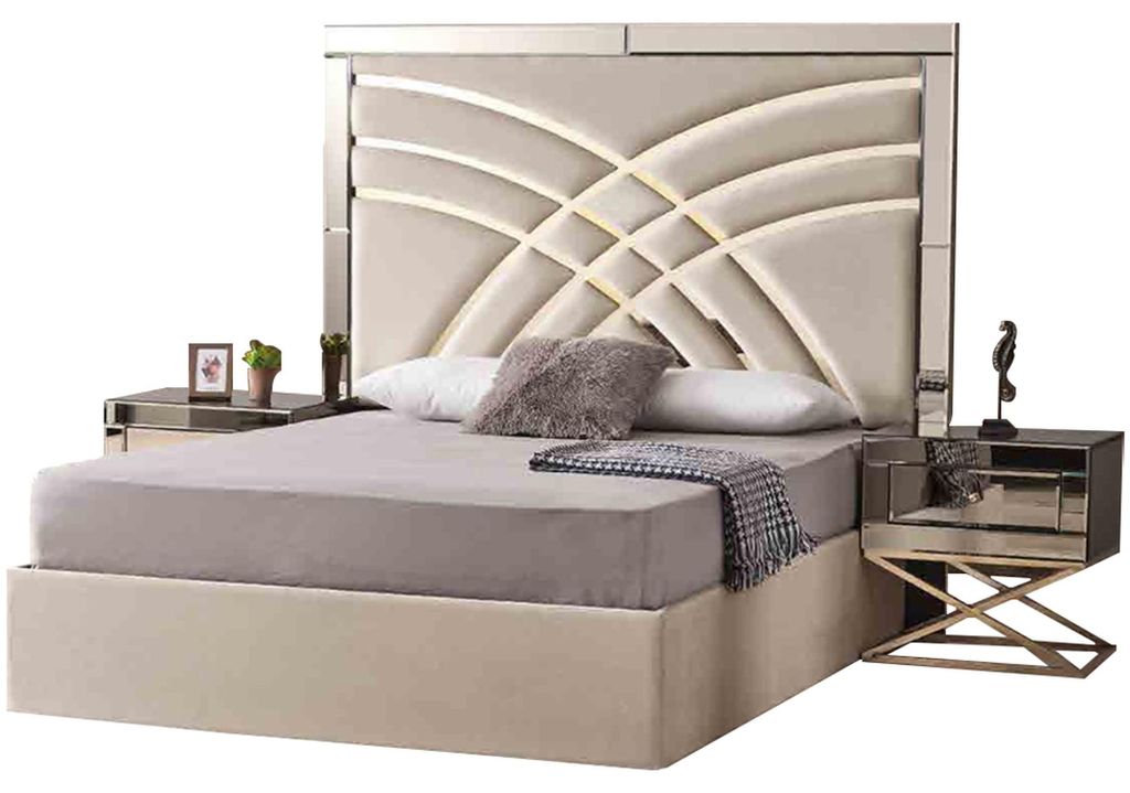 Beige Schlafzimmer Möbel Textilbett Holz 2x Nachttische 3tlg