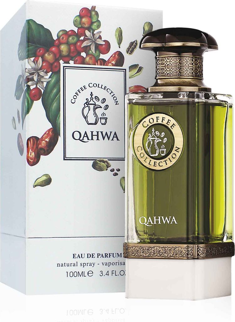 A perfume bottle and its packaging are displayed against a white background.