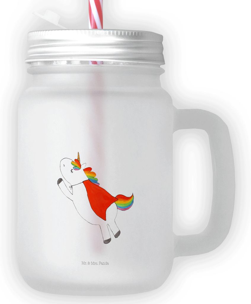 Mr. & Mrs. Panda Glas Einhorn Super - Transparent - Geschenk, Einhörner, Unicorn, Freundin, Trinkglas, Superheld, Mason Jar, Eiskaffee, Held, Bech...