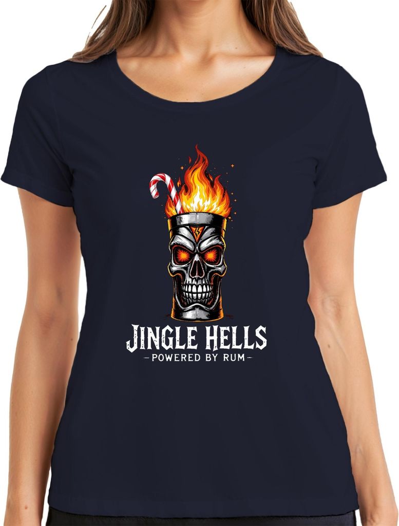 Jingle Hells Powered by Rum Totenkopf Flamme Gothic Geschenk Damen T-Shirt, Navy, XXL