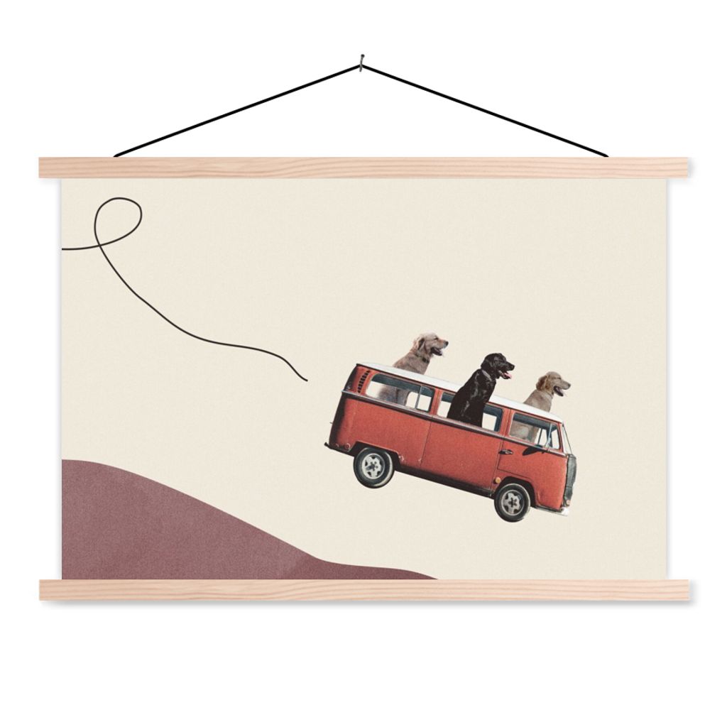 MuchoWow Textilposter Hund - Retro - Bus 120x80 cm mit holzfarbenen Rahmen - Aufhängeset