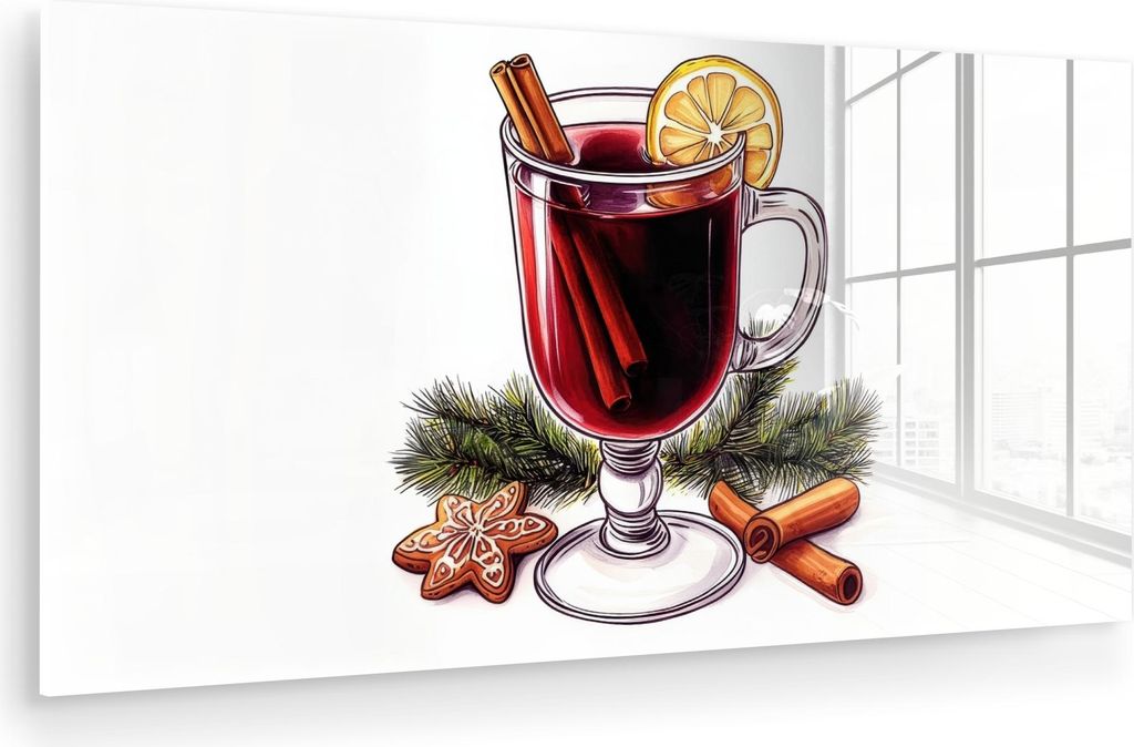 MuchoWow Glasbilder - Bilder auf Wandbild - Foto auf Glas Wein - Trinken - Glühwein - Winter - Illustration - Weihnachten 40x20 cm Wanddekoration ...