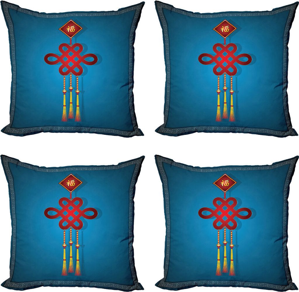 ABAKUHAUS Chinesisches Neujahr Kissenbezug Set (4 Stück), Hängende Knoten, Moderner Doppelseitiger Digitaldruck, 60 cm x 60 cm, Gelb, Blau, Rot
