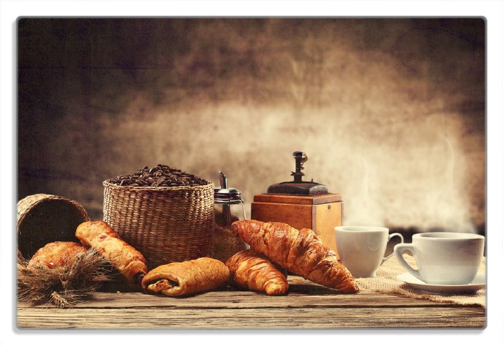Wallario Frühstücksbrettchen aus Glas 20 x 30 cm mit rutschfesten Füßen, Motiv Französisches Frühstück mit Café und Croissants