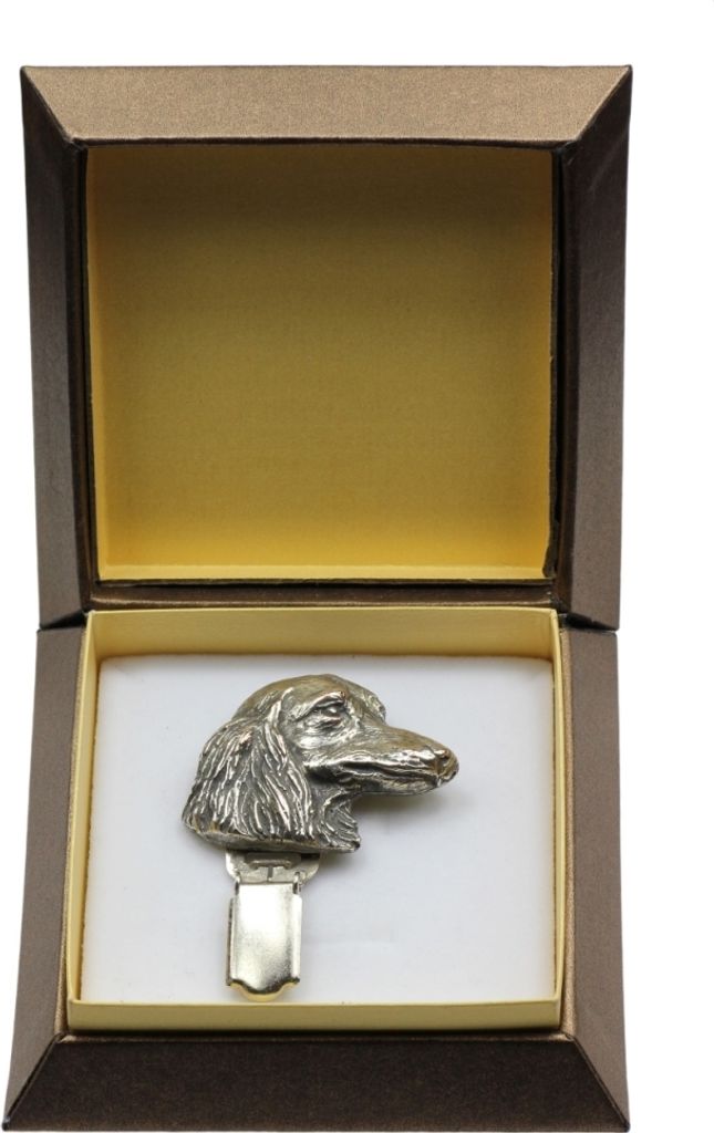 Dachshund Langhaar, Dackel, Teckel - Brosche mit Clip, Startnummernhalter, versilberte Anstecknadel für Hundeausstellungen der Marke Art-Dog