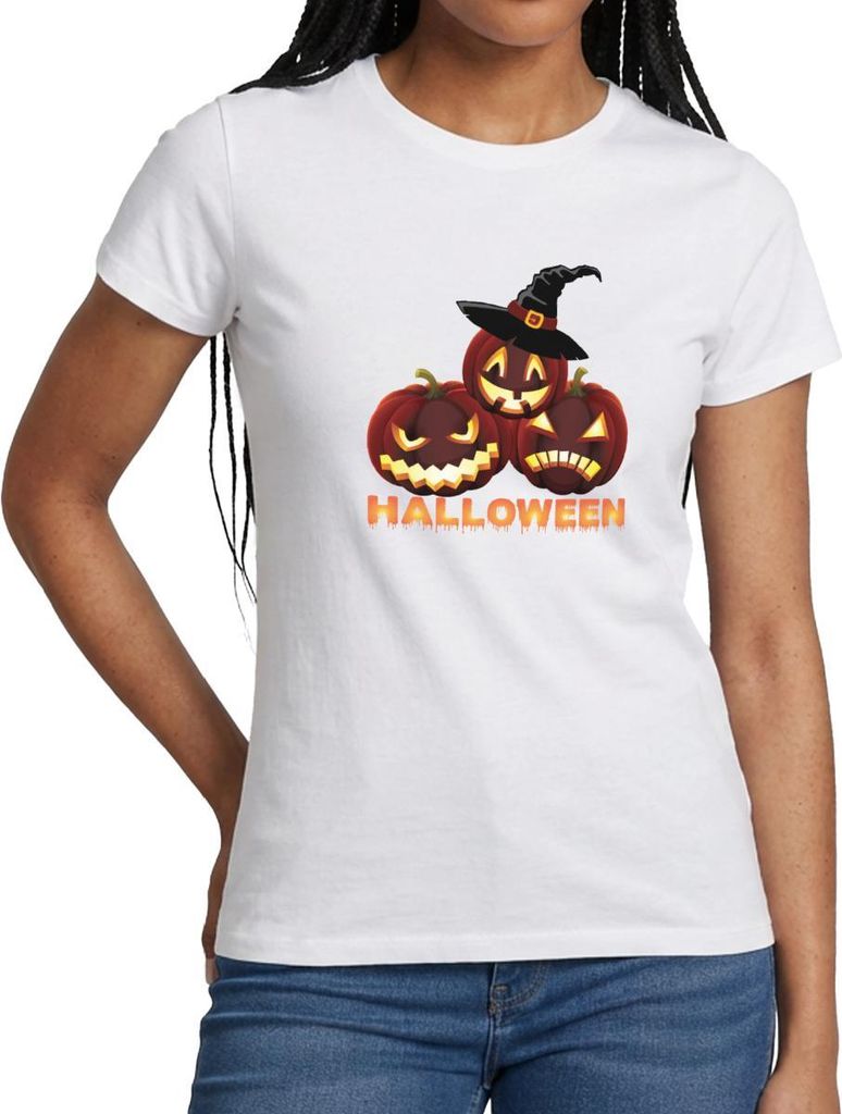 Spreadshirt Halloween Kürbisse Mit Hexenhut Gruselig Lustig Frauen T-Shirt, XL, Weiß