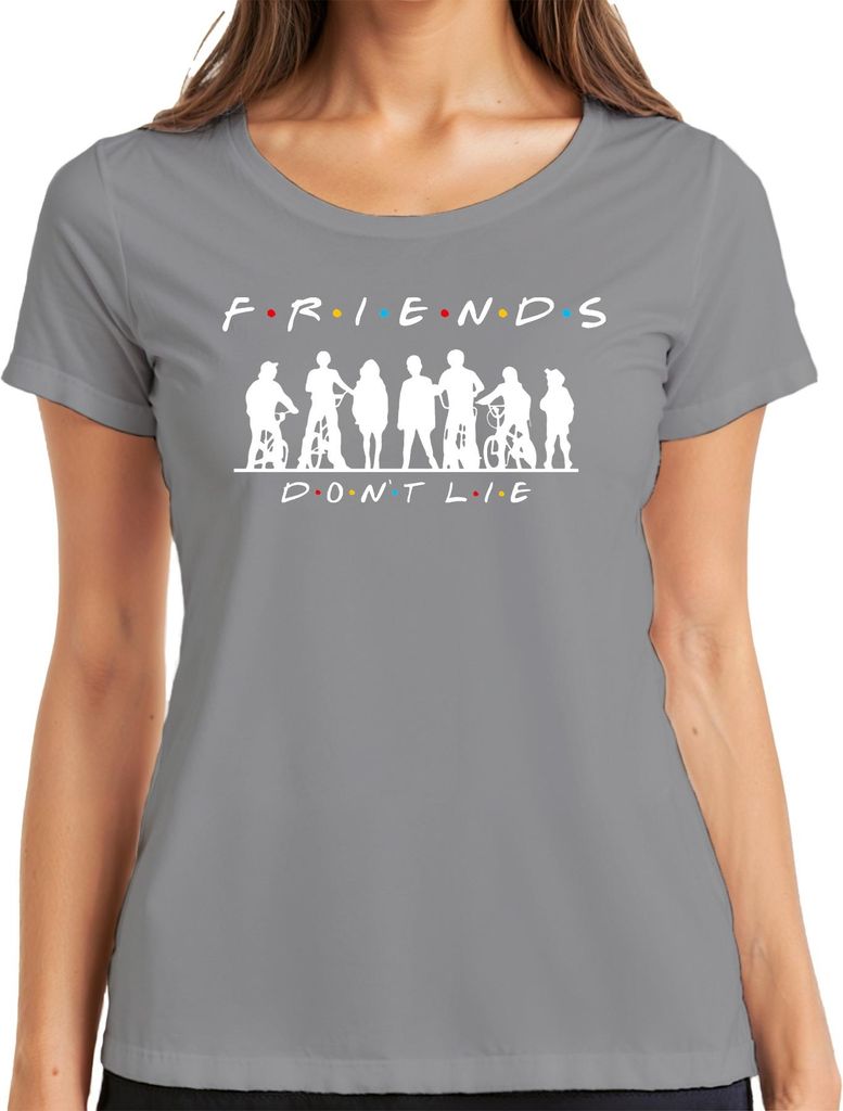 FRIENDS DON'T LIE Stranger Kids Fahrräder 80er Retro Hawkins Elf Damen T-Shirt, Grau, L