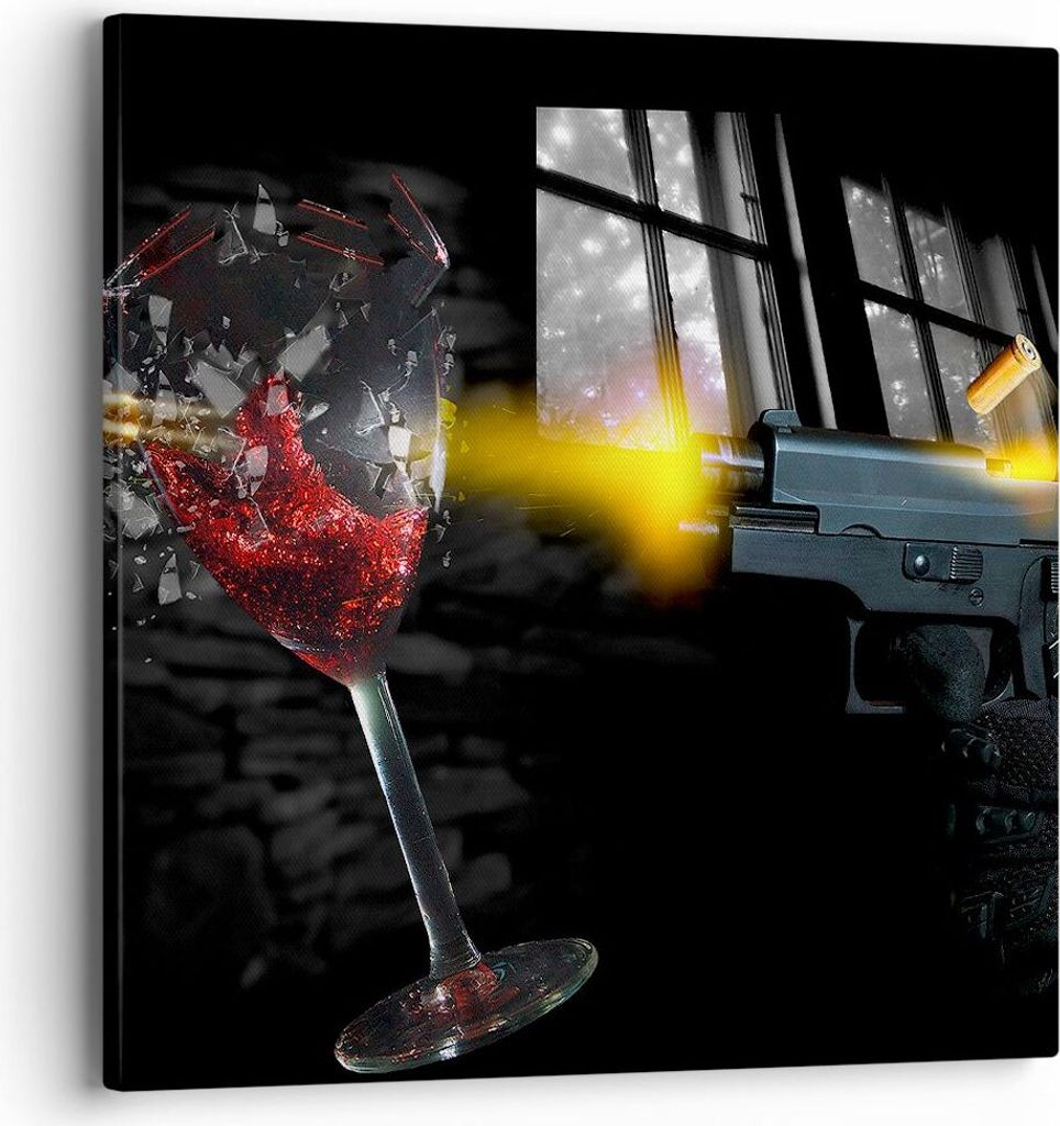 Bild auf Leinwand - Leinwandbild - Waffe Kugel Glas Rebe - 40x40cm - Wand Bild - Wanddeko - Leinwanddruck - Bilder - Kunstdruck - Wanddekoration - ...