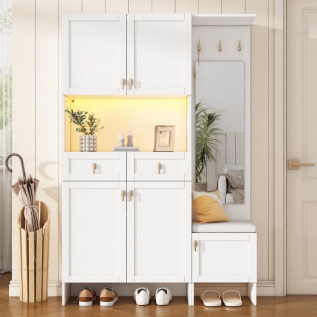 Garderoben-Set, Wandgarderobe, Garderoben-Set mit Schuhbank und Schuhschrank, mit 3 Haken,2 Schubladen, 1 Spiegel (B 120× H180× T33.5cm)