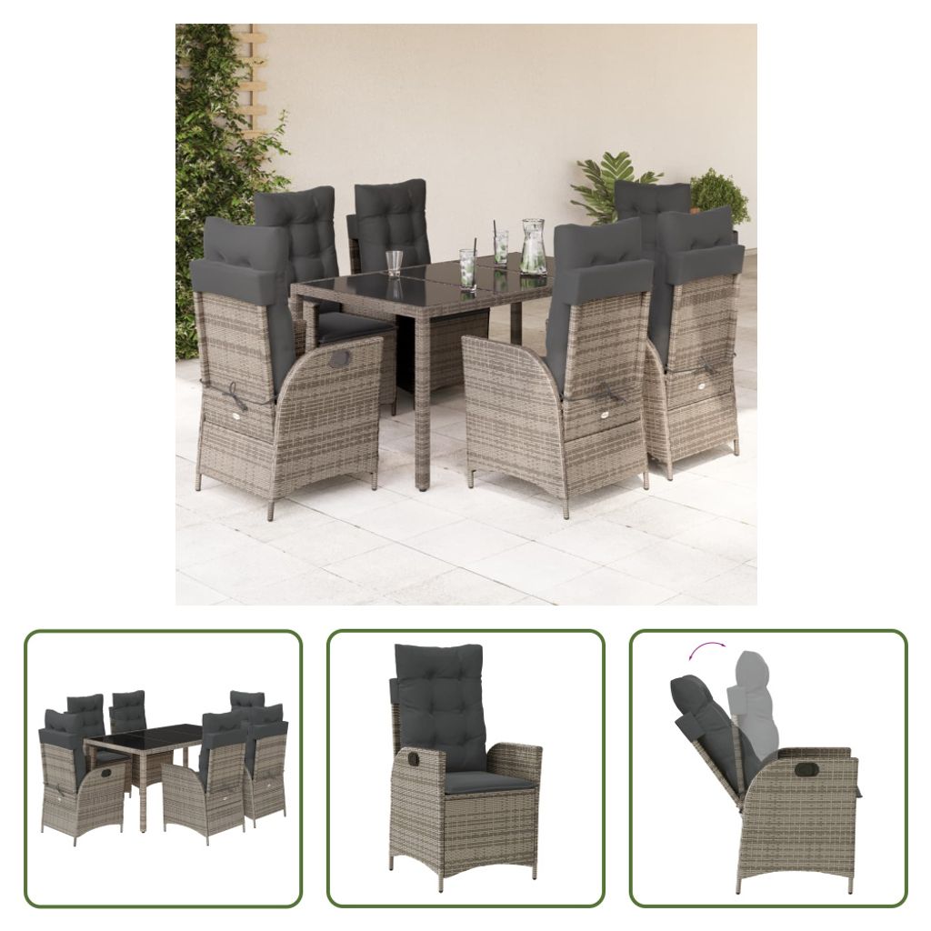 The Living Store 7-tlg. Garten-Essgruppe mit Kissen Grau Poly Rattan