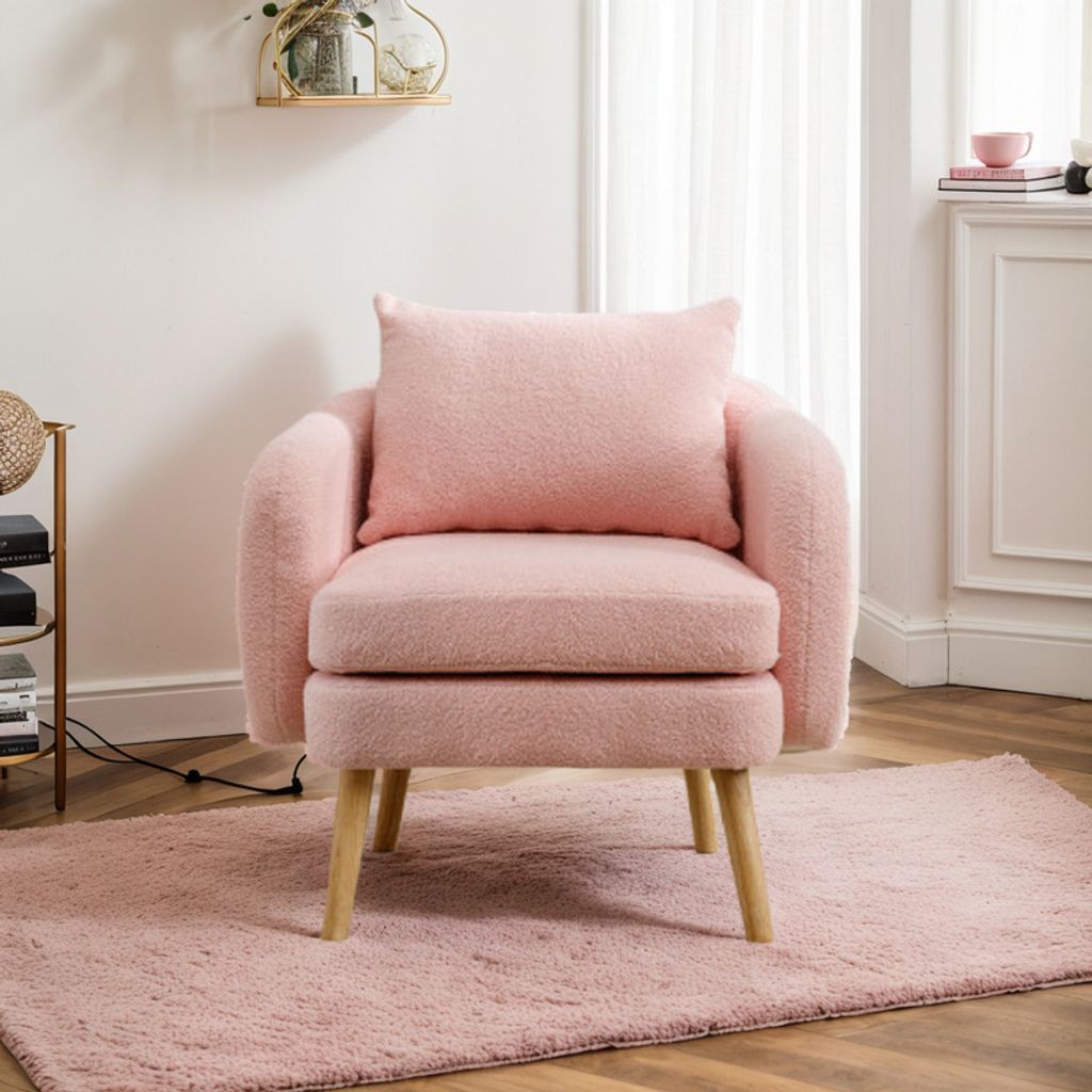 (Rosa)Loungesessel mit Kissen Fernsehsessel Teddyplüsch Relaxsessel Gepolsterter Sessel Extra dicker Sofa-Sessel mit Zierkissen und Massivholz...