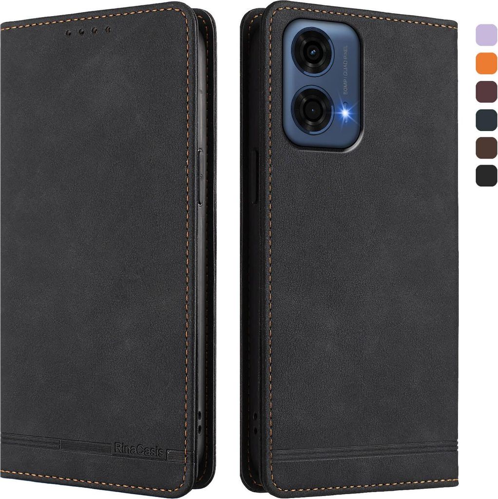 Hülle für Motorola Moto G24 Power, Retro Kunstleder Ständer Klapphülle mit Kartenfächer und Magnetische Schwarz