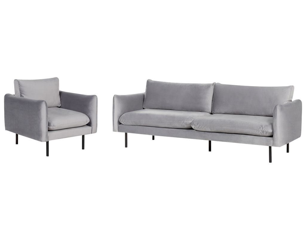 BELIANI Sofa Set Grau Samt 3-Sitzer Sofa und Sessel mit Hohen Schwarzen Metallfüßen Dicke Sitzkissen Schmale Armlehnen Lose Rücken- & Sitzkissen