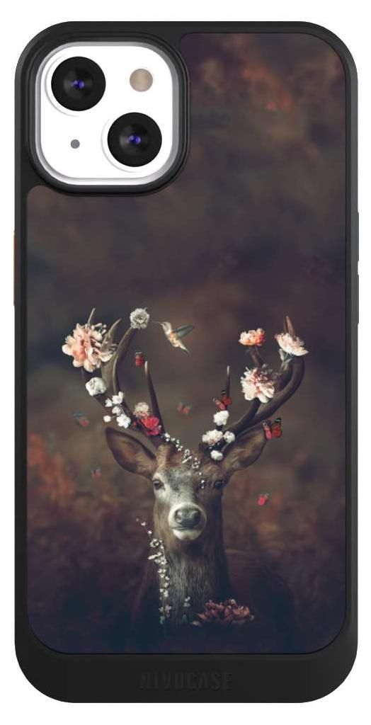 NIVOCASE Hülle für Apple iPhone 13 Handyhülle NIVOcore Case Schwarz Blumen Rehe Rentier