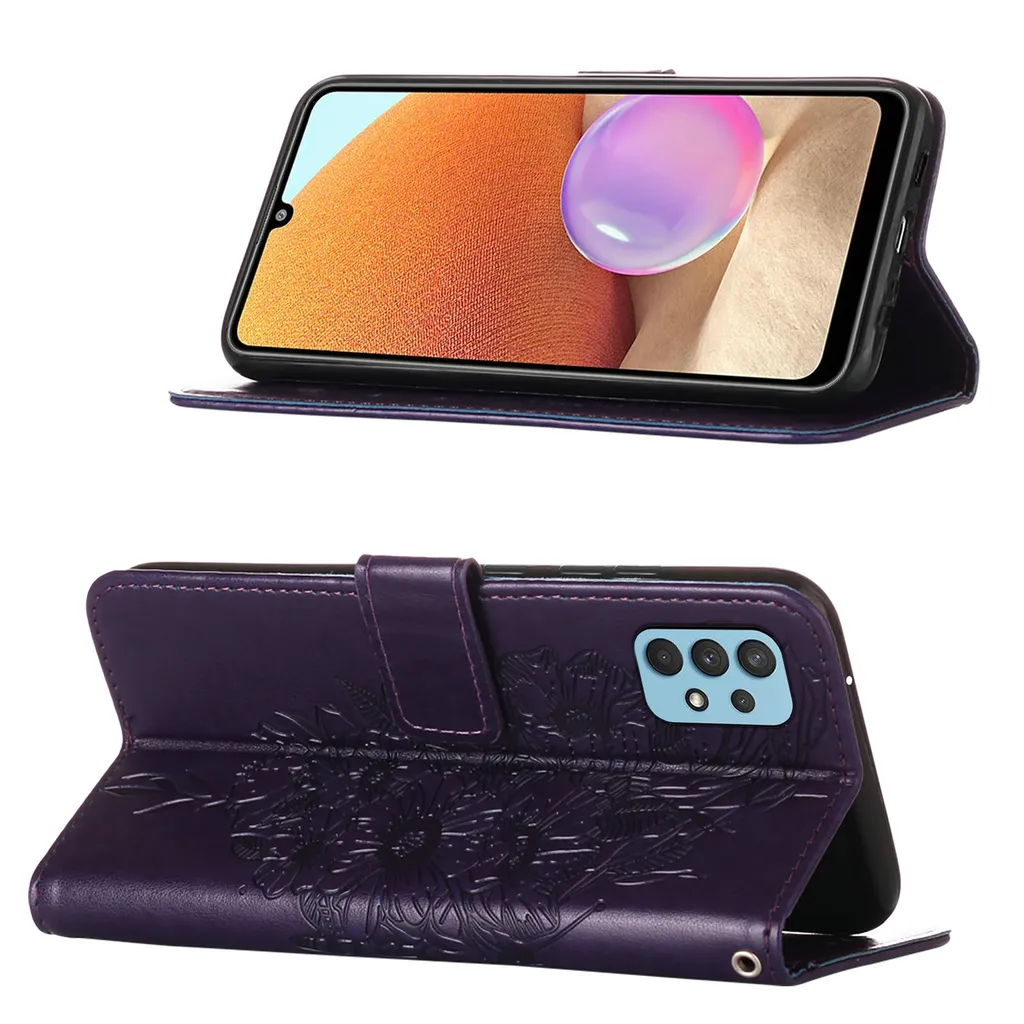 Galaxy A32 4G Case, Butterfly Relief Flip Custodia in pelle con slot per schede e stand per Samsung Galaxy A32 4G Purple - 2