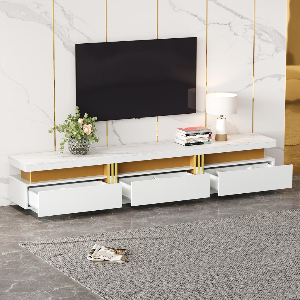 okwish Moderner TV-Schrank Lowboard Beistelltisch mit Tischplatte in Marmor-Optik,Fernsehschrank mit Marmormuster,für Fernseher bis 90 Zoll,Weiß