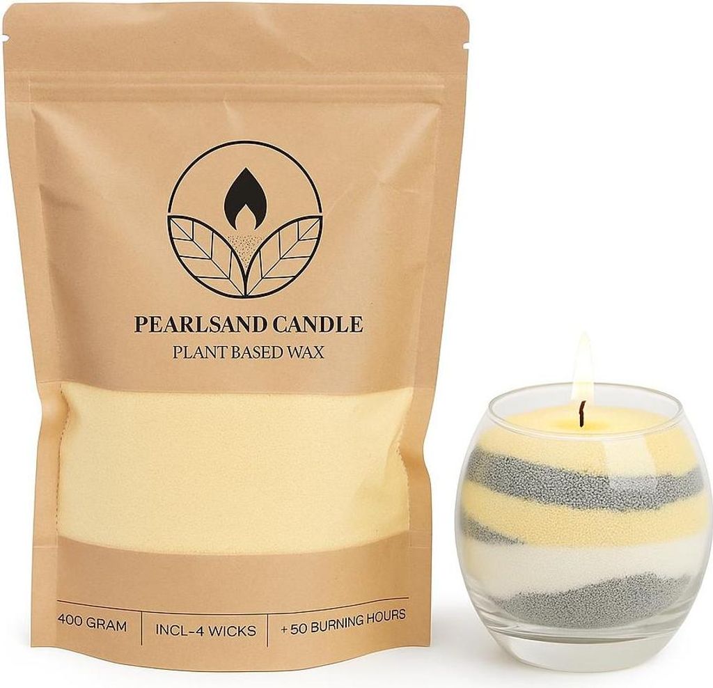 Kerzensand DIY Set 400g – Veganes Wachsgranulat in 7 Farben – Kerzen selber machen mit 4 Dochten, Farbe:Creme | Beige