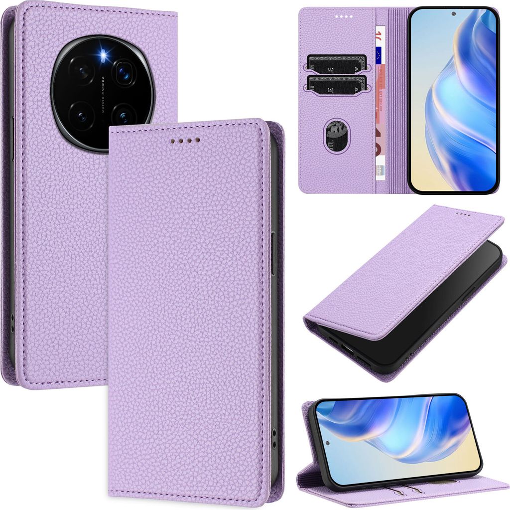 Litchi Leder Handyhülle für Honor Magic7 Pro Wallet Kartenfächer Standfunktion Hülle Violett