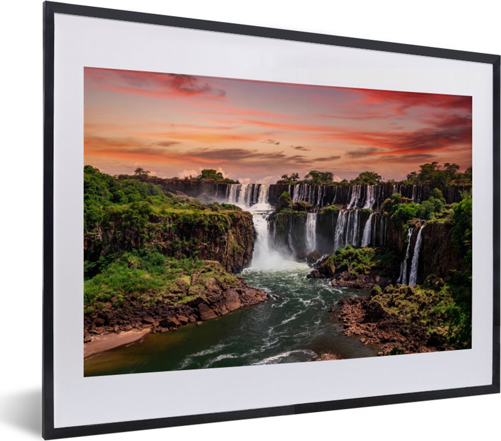 MuchoWow MuchoWow Gerahmtes Poster Wasserfälle mit Bäumen - Sonnenuntergang - Orange 40x30 cm - Poster mit zchwarzem Bilderrahmen - Bilderrah...