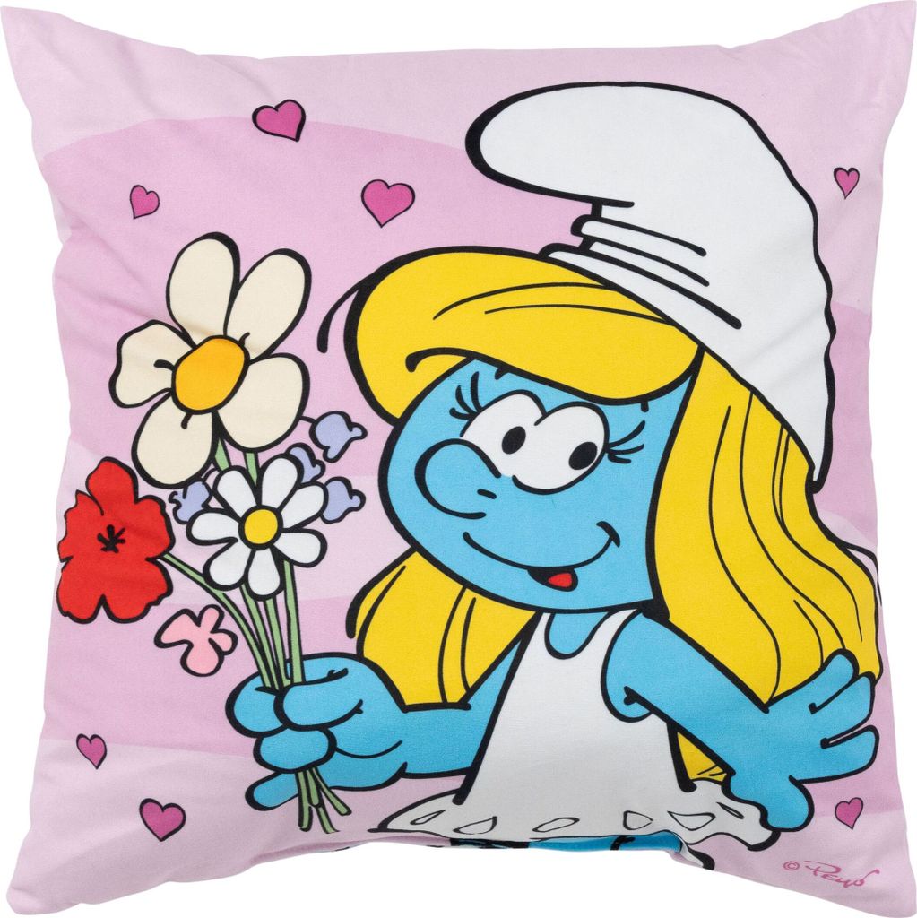 Die Schlümpfe Kissen - Schlumpfine Plüsch Dekokissen Zierkissen Kopfkissen Sitzkissen Rosa 40 x 40 cm