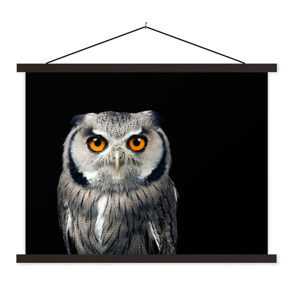 MuchoWow Textilposter Eule - Vogel - Orange - Schwarz 150x113 cm mit holzfarbenen Rahmen - Poster