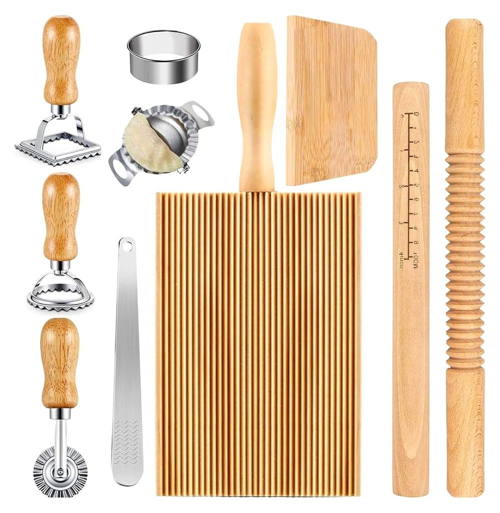 5-teiliges Nudelherstellungsset mit Gnocchi-Brett aus Holz – inklusive Nudelholz, Ravioli-Schneider, Teigschneider und Knödel-Maker