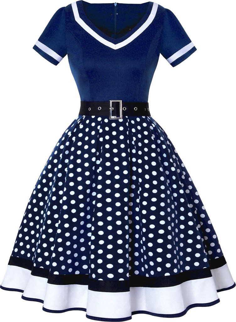 ASKSA Rockabilly Kleider Damen 50er Jahre Vintage Kurzarm V-Ausschnitt Polka Dot Swing Coctailkleid Hochzeit Festlich Knielang Kleid (Marineblau,3XL)