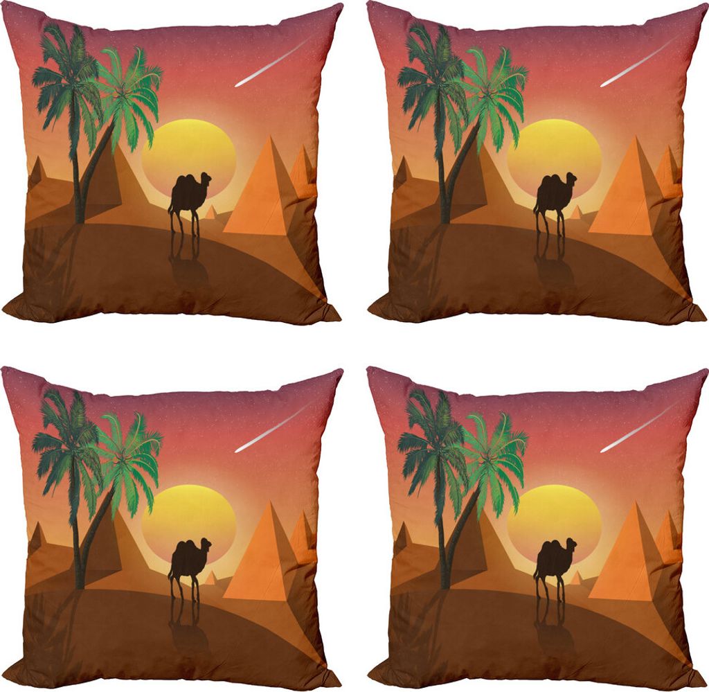 ABAKUHAUS Oase Kissenbezug Set (4 Stück), Kamele Pyramiden und Palmen, Moderner Doppelseitiger Digitaldruck, 40 cm x 40 cm, Olivgrün Multicolor