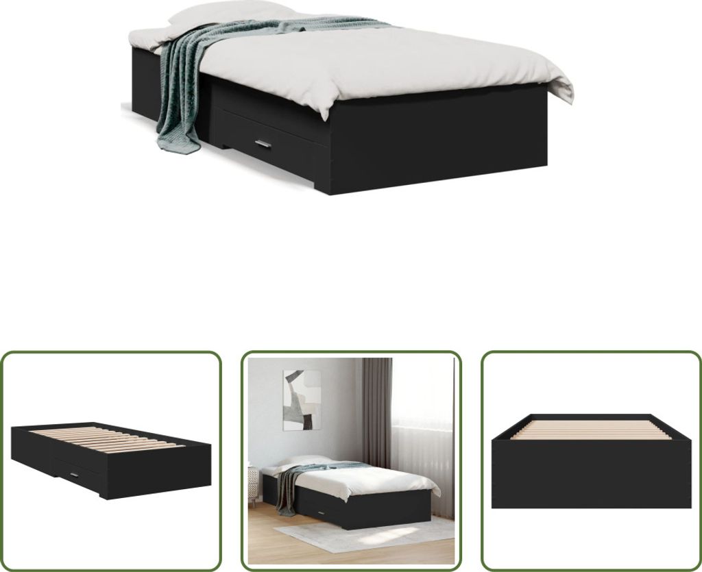 The Living Store Bettgestell mit Schubladen Schwarz 75x190 cm Holzwerkstoff