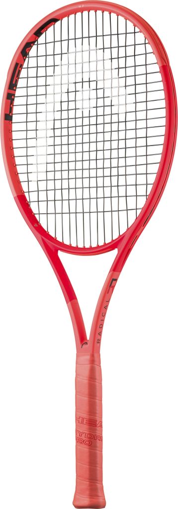 A red tennis racket is shown against a white background.