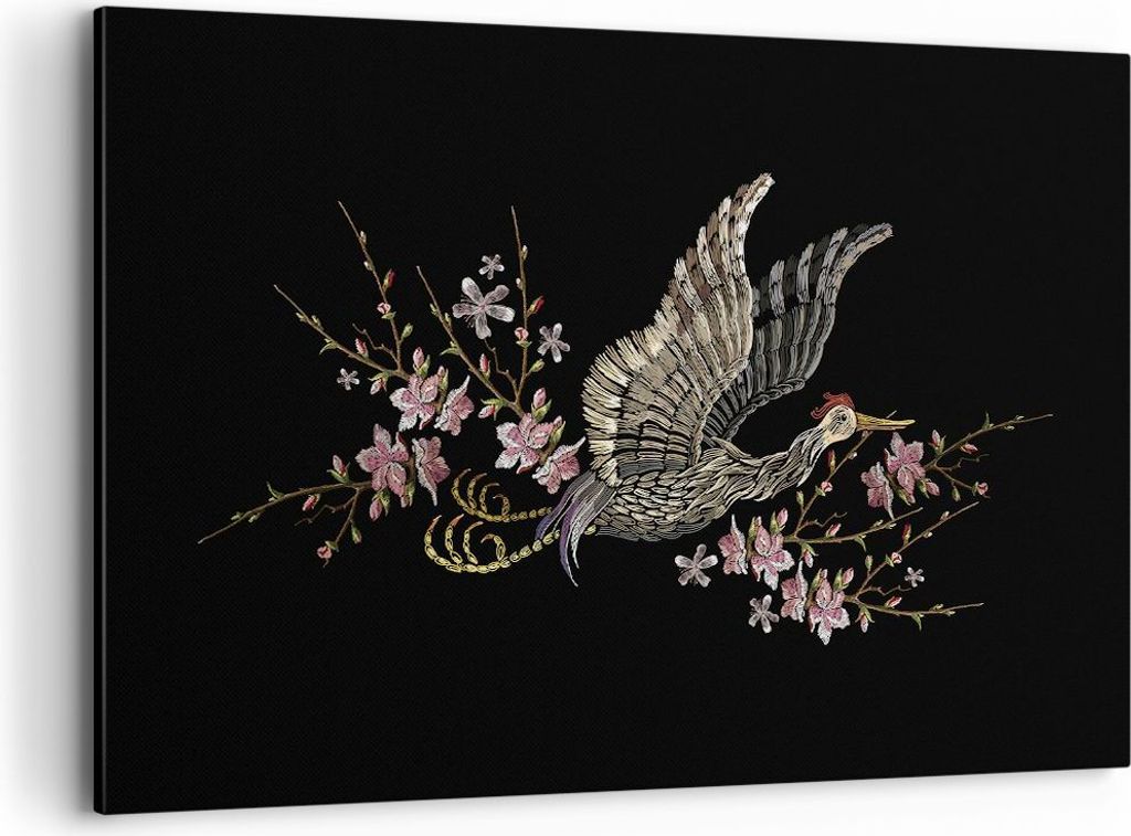 Bild auf Leinwand - Leinwandbild - Einteilig - Asiatisch Vogel Blumen - 120x80cm - Wand Bild - Wanddeko - Wandbilder - Leinwanddruck - Bilder - Wan...