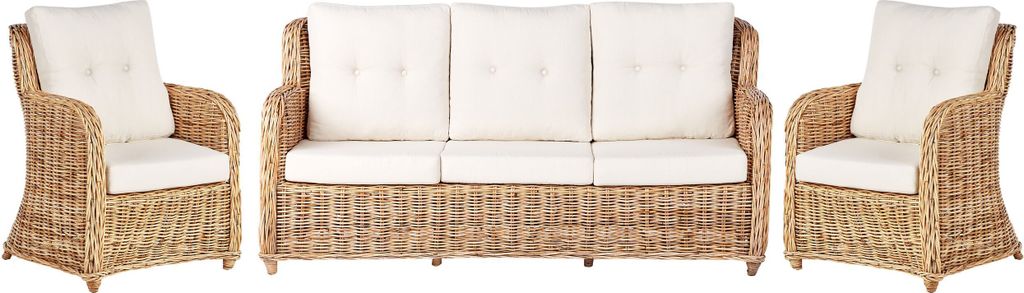 BELIANI Lounge Set Naturfarben Rattan 3-Teilig Geflochten Sofa u. 2 Sessel mit Kissen Cremeweiß Boho Design Outdoor Indoor Garten Terrasse Rattanm...