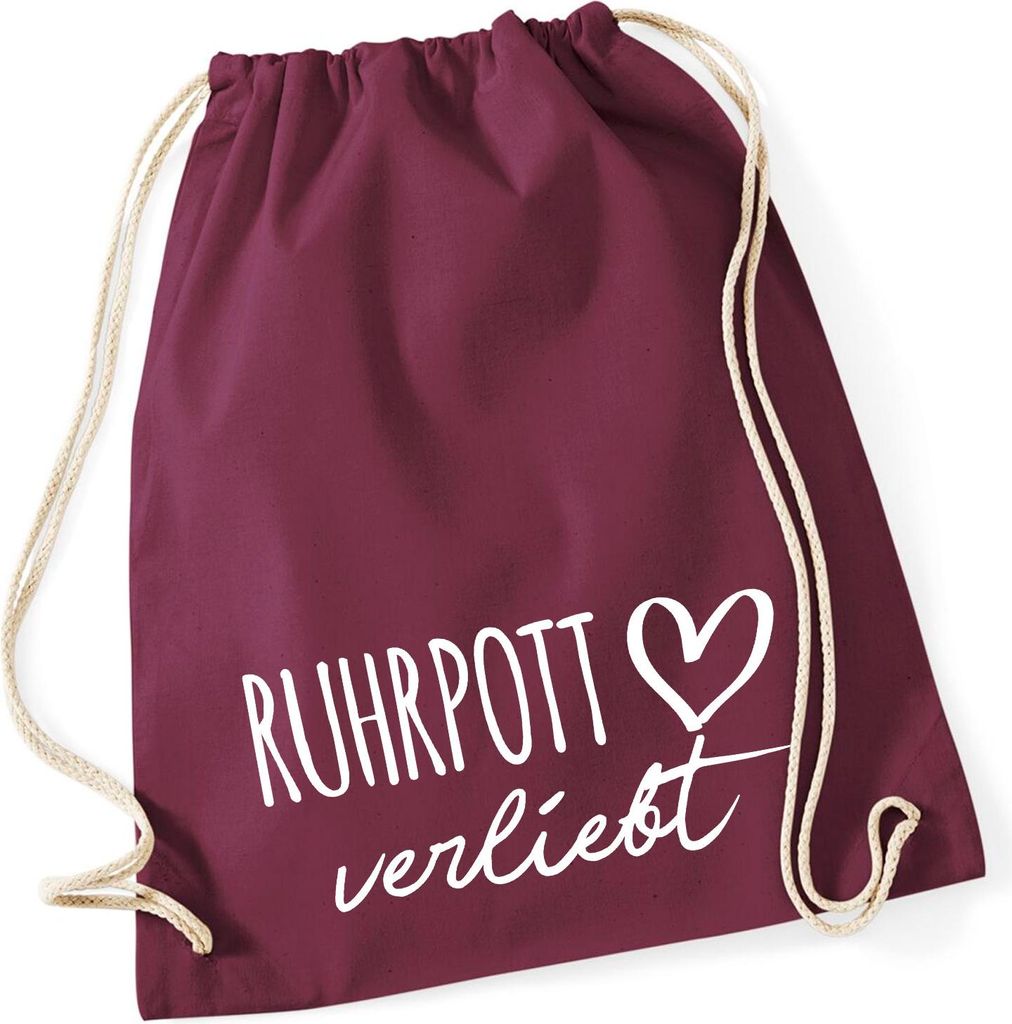 Huuraa Turnbeutel Ruhrpott verliebt 12 Liter Burgundy Baumwolle Rucksack Geschenkidee