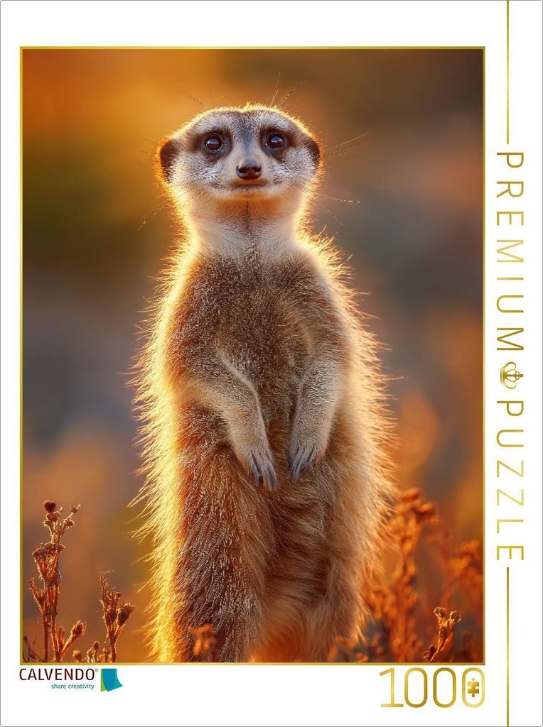 CALVENDO Puzzle Erdmännchen steht im Sonnenuntergang und blickt neugierig | 1000 Teile Lege-Größe 64x48cm Foto-Puzzle für glückliche Stunden