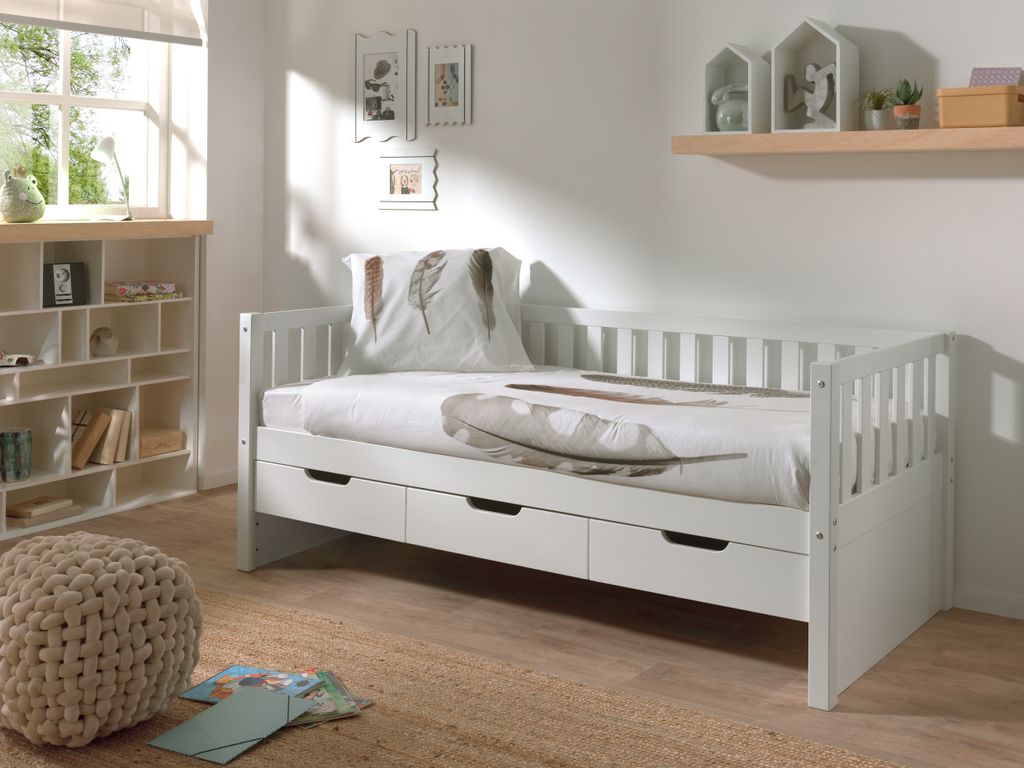 Vipack - Kojen Bett Fritz mit Sprossenumrandung, 3 Schubladen u. Rolllattenrost, Liegefläche 90 x 200, Ausf. Weiß lackiert
