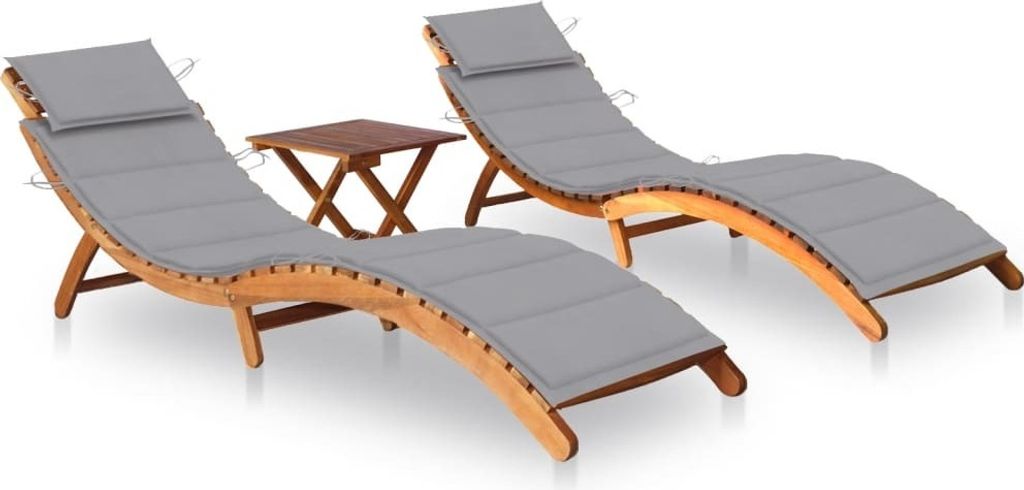 Sonnenliegen 2 Stk. mit Tisch und Auflagen Massivholz Akazie