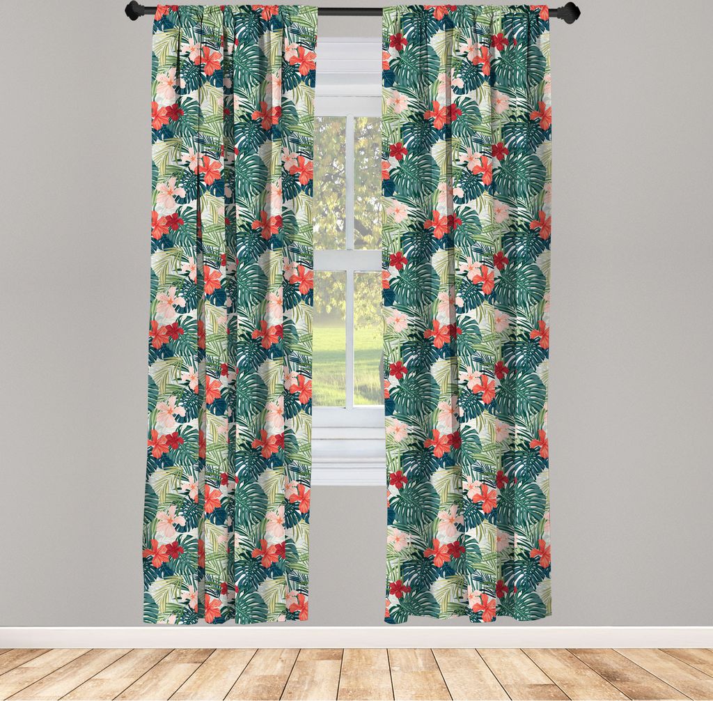 ABAKUHAUS Blatt Vorhänge, Gardinen, Sommer-Strandurlaub unter dem Motto Hibiscus Plumeria Crepe Ginger Flowers, 2 Stück 75 x 175 cm, , Dunkelgrü...
