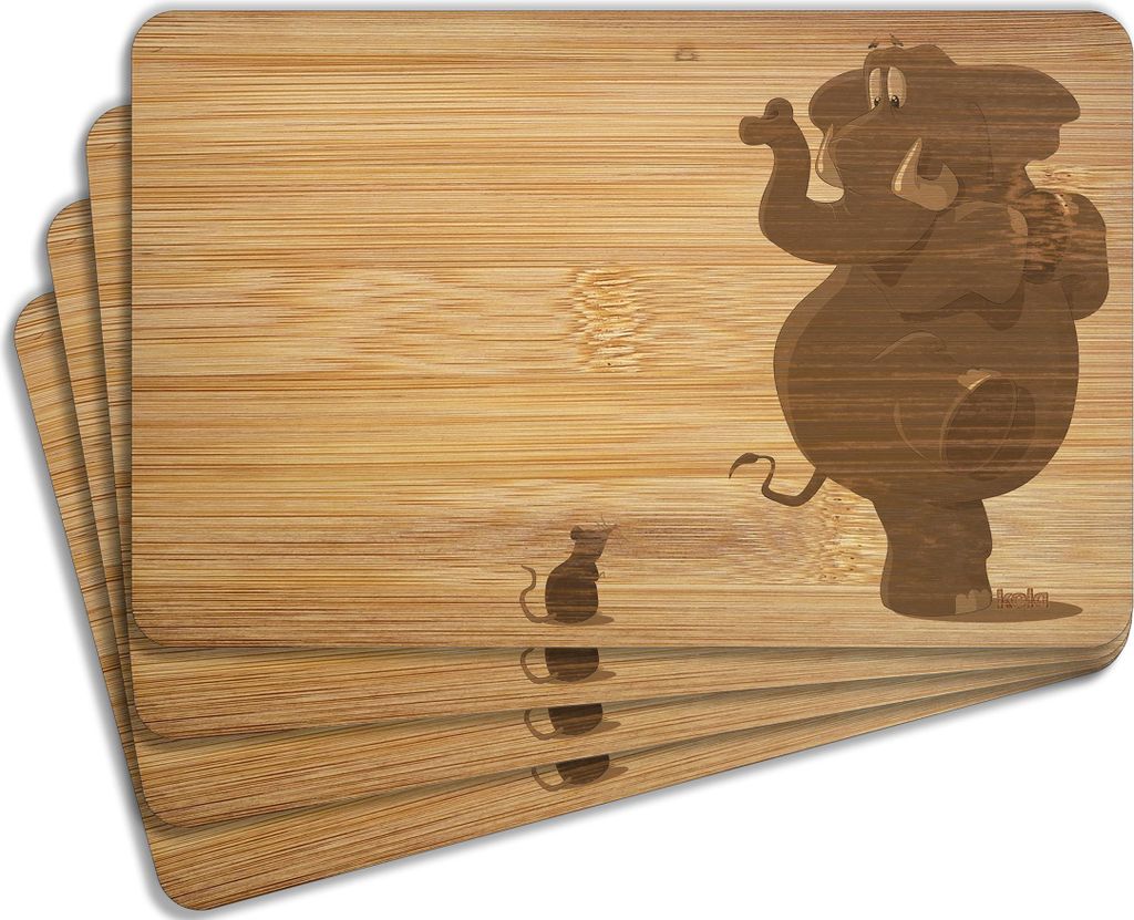 Wallario Frühstücksbrettchen 4er Set aus Holz, je 22 x 14 cm, Motiv Elefant erschrickt vor Maus