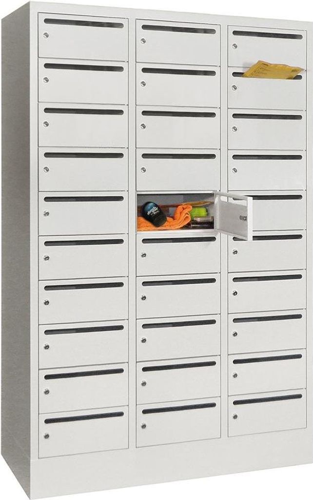 Postverteilschrank, BxTxH 1200x500x1850 mm, 3x10 Fächer, Fachbreite 400 mm, Schloss, Sockel, RAL 7035 lichtgrau