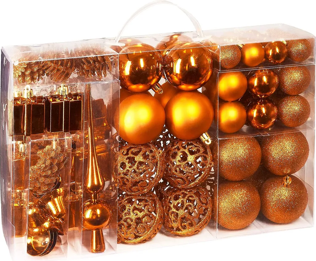 Boules de Noël Orange Incassables et Pointe d'Arbre - Set de 101