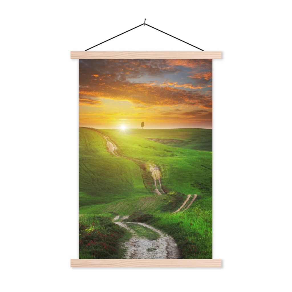 MuchoWow Textilposter Toskana - Sonne - Hügel 120x180 cm mit holzfarbenen Rahmen - Textil-Plakat