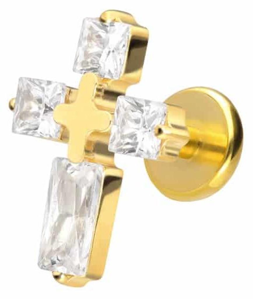 Ohrpiercing, Nasenpiercing Titan Labret mit Push Fit KRISTALLKREUZ Gold Stablänge: 5mm | Stabstärke: 1mm